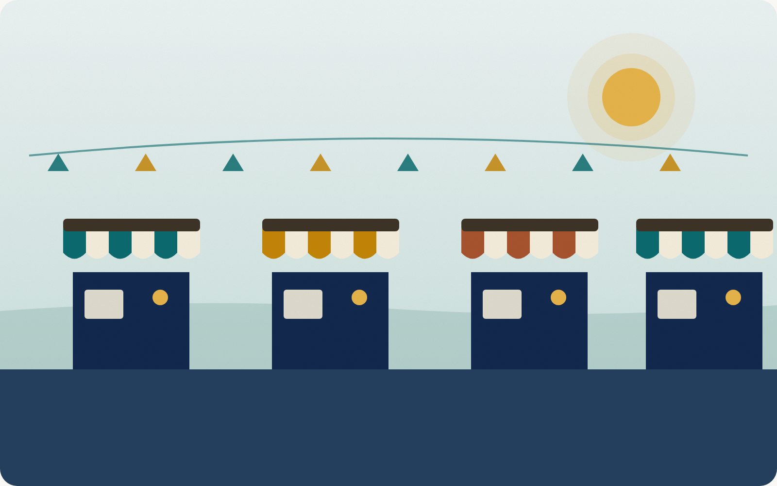 Illustration of a morning market with striped stall awnings and hanging tags.